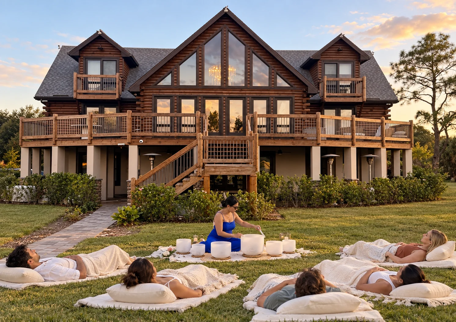 Sylvia Lee leading a crystal sound session on the lawn in front of the cabin
